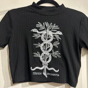 Disturbia Caduceus Snake Embroidered High Neck Crop Top Black Gothic Alt